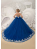 Silver Lace Royal Blue Tulle Sheer Back Foor Length Flower Girl Dress